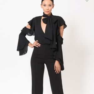 NWT Sexy Black Tuxedo Jumpsuit Cold Shoulder Small